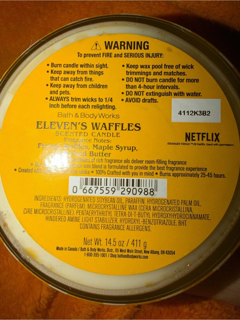Bath & Body Works Stranger Things Eleven's Waffles Candle - Yellow & White